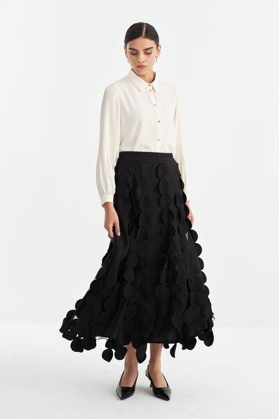 Nihan Beli Lastikli Tül Organze Etek Siyah