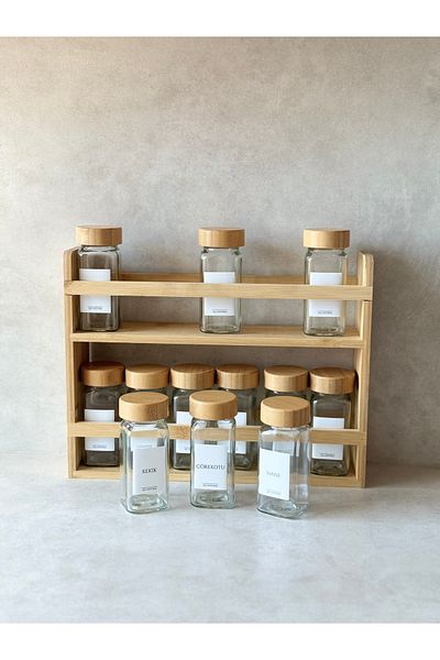 Dekorzdükkan Set of 12 Square Spice Jars with Bamboo Stand and Bamboo Lid (25 Labels)