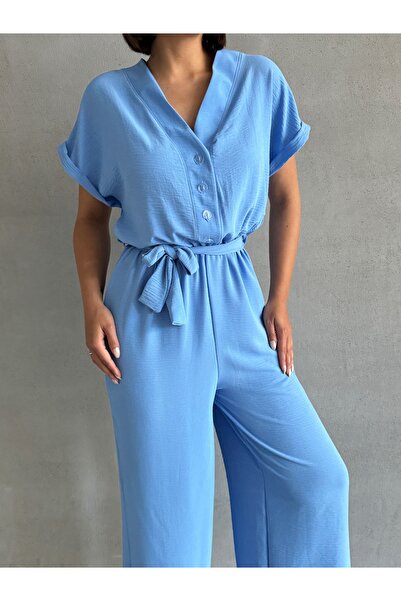 BEJNA Women's Light Blue Button Detailed Belted Jumpsuit