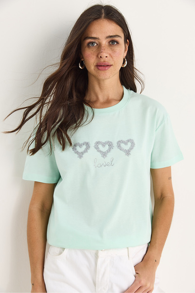 Bianco Lucci Γυναικείο αξεσουάρ Stoned Heart Regular Fit βαμβακερό μπλουζάκι 60602069