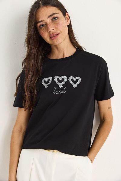 Bianco Lucci Women's Stone Heart Accessory Regular Fit Cotton T-Shirt 60602069