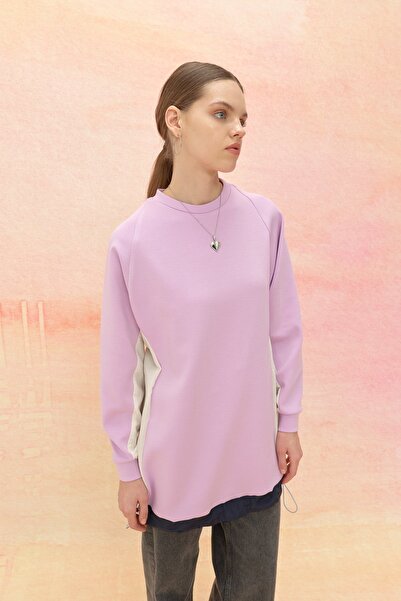 Nihan Çizgi Kumaş Detaylı Örme Tunik Lila