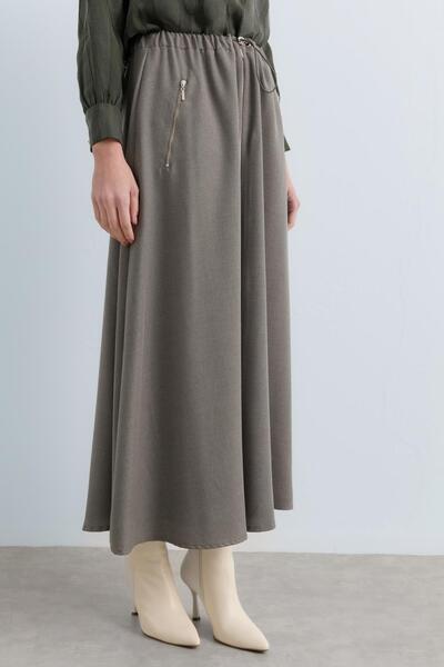 Nihan Beli Lastikli Fermuar Detaylı Etek Haki