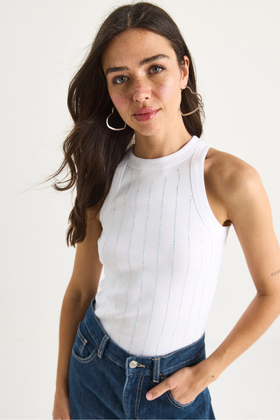 Bianco Lucci Women's Diamond Striped Basic Crop Blouse 60602063