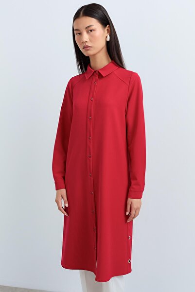Nihan Kuşgözü Detaylı Gömlek Yaka Tunik Kırmızı