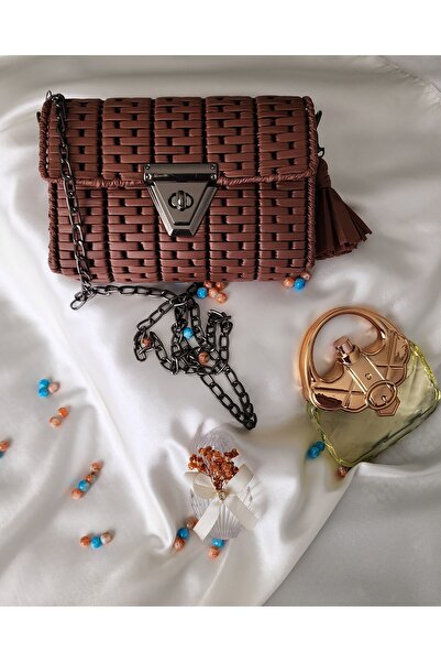 rmys Leather Look Evening Bag with Chain Strap - Brown, Metallic Black