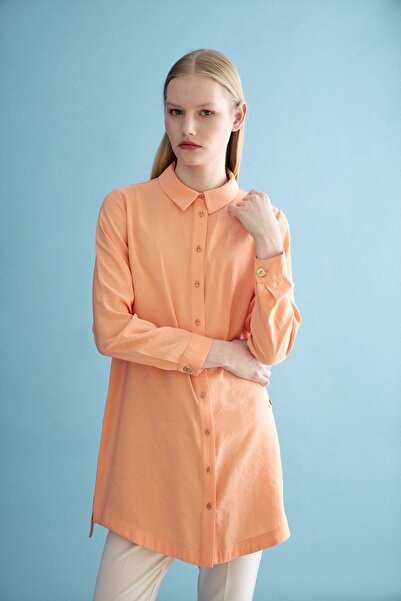 Nihan Düğme Detaylı Gömlek Yaka Tunik Oranj