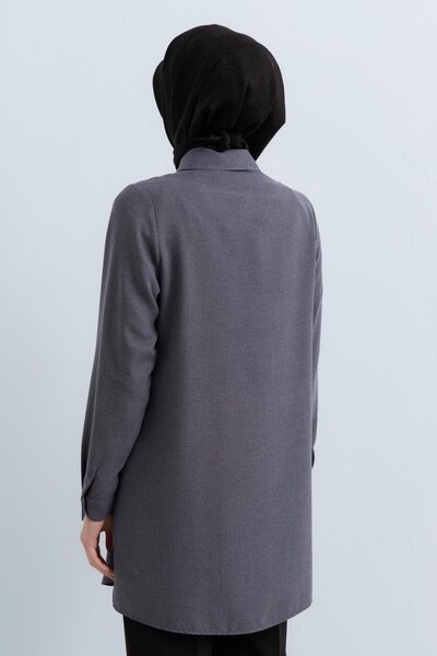 Nihan Deri Detaylı Gömlek Yaka Tunik Gri