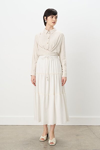 Nihan Beli Lastikli Çingene Keten Etek Ekru