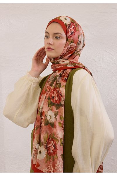 Fresh Magnolia Pattern Ramie Shal Red