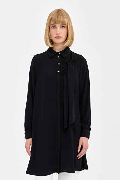Nihan Bağlama Detaylı Gömlek Yaka Tunik Siyah