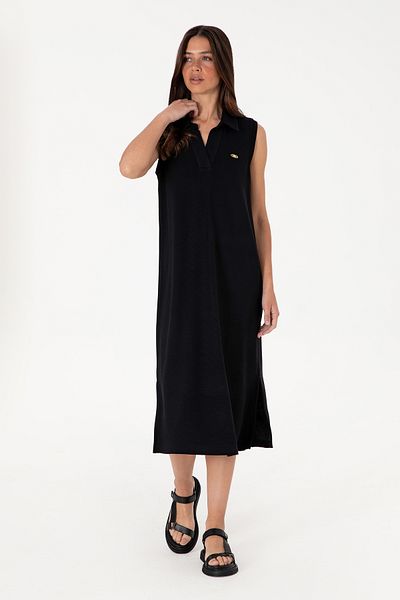 U.S. Polo Assn. Rochie tricotată neagră pentru femei, cu gât polo, lungime midi 50300674-vr046