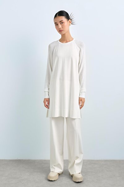 Nihan Ağaç Kabuğu Rayon Triko Tunik Ekru