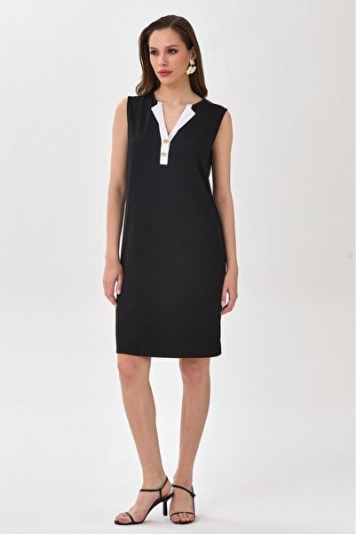 İKİLER Önü Düğmeli Katlanır Yaka Kolsuz Elbise 025-2518