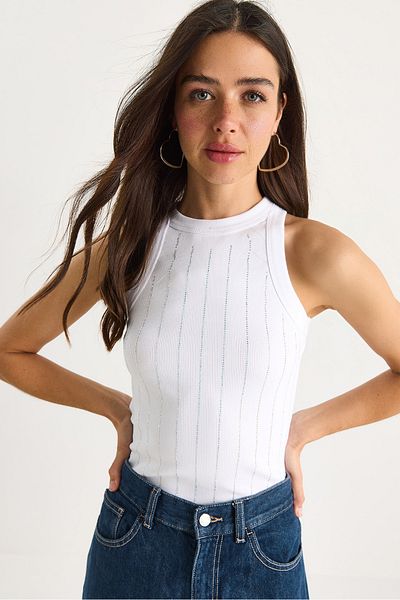 Bianco Lucci Women's Diamond Striped Basic Crop Blouse 60602063