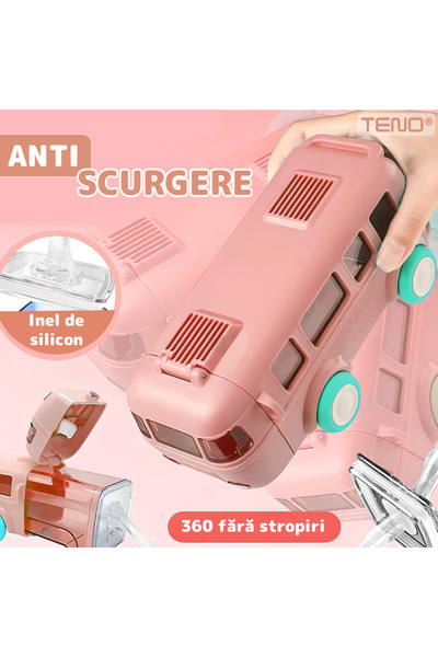 Teno Παιδικό μπουκάλι νερού Teno®, παιχνίδι λεωφορείου, χωρίς BPA, ροζ