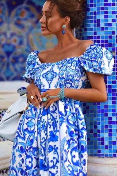 FashionForYou Φόρεμα μακρύ για καθημερινή χρήση TORA, με γυμνούς ώμους και φουσκωτά μανίκια, Μπλε