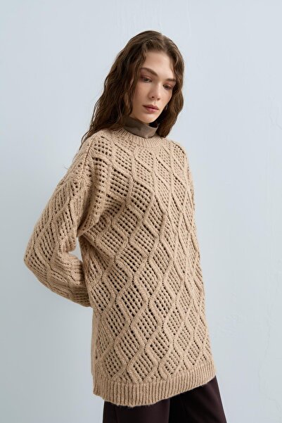 Nihan Baklava Detaylı Triko Tunik Bej