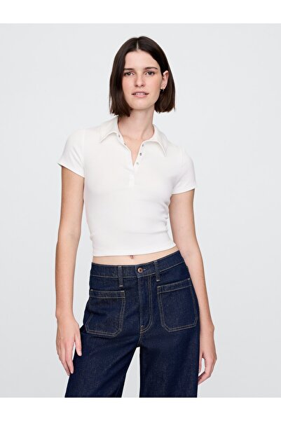 GAP Kadın Beyaz Modern Fitilli Crop Polo T-Shirt