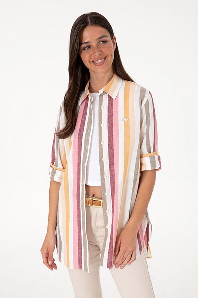U.S. Polo Assn. Cămașă tunică cu mânecă lungă cu dungi portocalii pentru femei 50305877-VR202