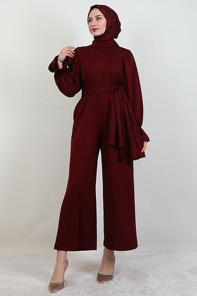 GİYZAMİLA Thick Belted Jumpsuit Burgundy