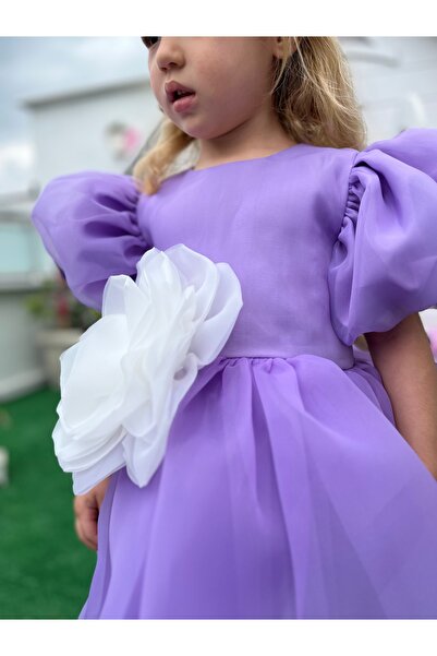 Linola Baby Kids Rose- Lila Şifon Kısa Kollu Kız Çocuk Elbisesi