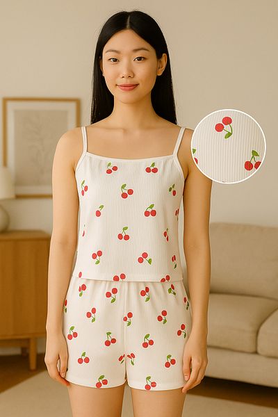 Cherry Lane Cherrylane Cherry Patterned Tank Top & Shorts Set - White