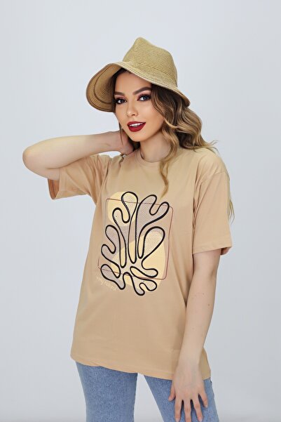 CMC Ποδηλατικό μπλουζάκι από χτενισμένο βαμβάκι με πέτρες και στάμπα, μπλουζάκι με λαιμόκοψη