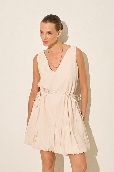 Setre Cream Waist Gather Detailed V-Neck Sleeveless Dress