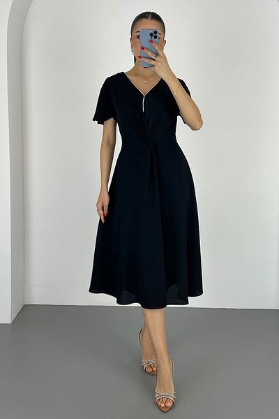 Lafaba Women's Black V-Neck Stone Detailed Midi Dress