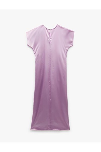 Koton Çıkma Kol Bisiklet Yaka Drape Detaylı Midi Boy Saten Elbise