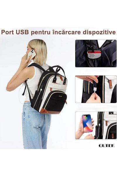 QuTek Rucsac dama pentru Laptop 15.6 Inch, calatorie, anti-furt pentru laptop,birou si afaceri, Bej-Negru