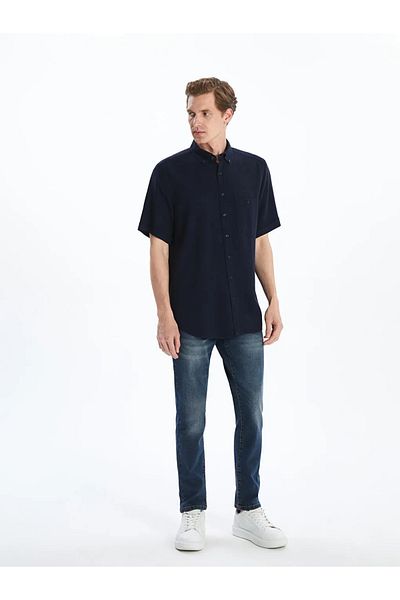LC Waikiki Lcwaikiki Classic Navy Blue Regular Fit Short Sleeve Linen Blend Men's Shirt