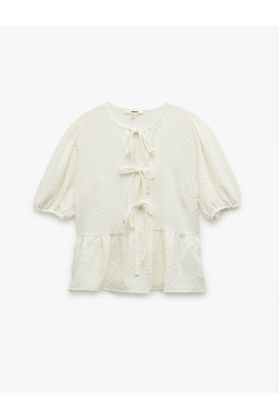 Koton Textured Short Balloon Sleeve Bow Front Lace up Blouse