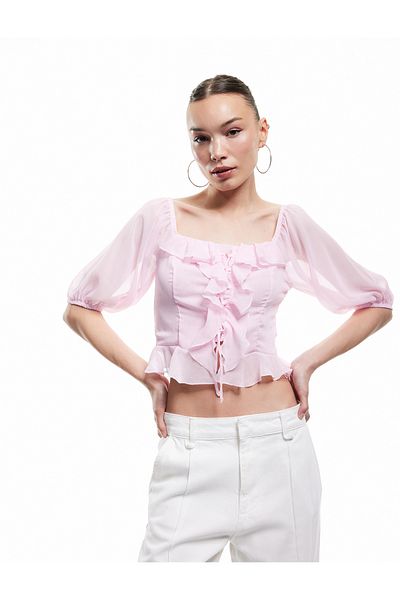 Koton Ruffled Lace Detail Square Neck Crop Balloon Sleeve Chiffon Shirt