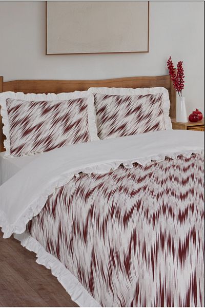 GARDEN ROOM Ikat Burgundy Pattern Ruffled Organic Cotton Duvet Cover Set - Double
