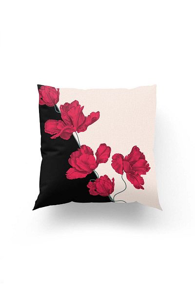Dokumio Passionate Red Flowers – Luxury Throw Pillow Cover with Black and Bejin Charming Contrast