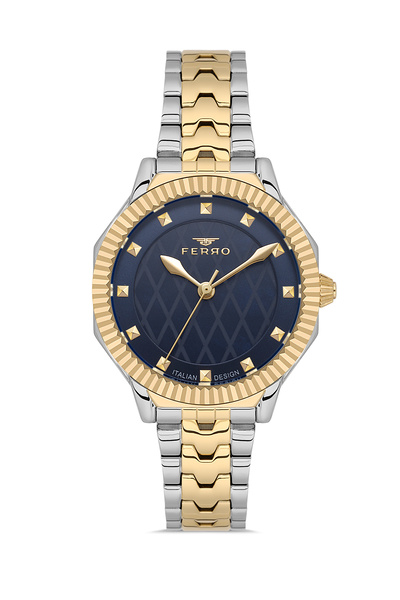 FERRO FL21632AWT-D3 Quartz Çelik Altın/Gri Lacivert Kadran 32 mm Kadın Kol Saati