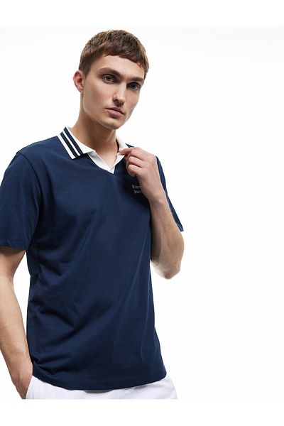 Koton Baumwoll-Kurzarm-T-Shirt mit Farbkontrast und bedrucktem Polo-Ausschnitt in regulärer Passform