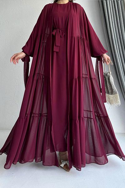 MELEK ARAZ Комплект Hena Premium Chiffon Abaya – бордо червено