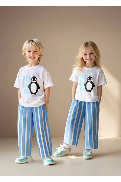 Ecenin Favorileri Penguin Patterned Blue Striped Bottom Top Unisex Children's Set