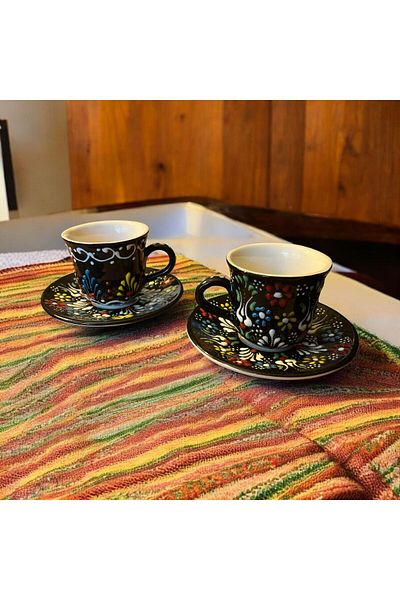 WPAWZ Handmade Lace Craftsmanship Turkish Coffee Cup Set for 2 People Black