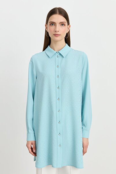Nihan Gömlek Yaka Taşlı Şık Tunik Aqua