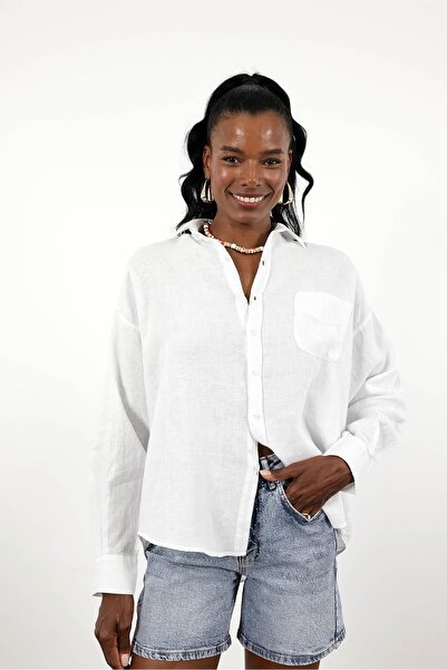5in1Canpolat White 100% Linen Oversize Shirt