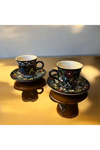 WPAWZ Handmade Lace Craftsmanship Turkish Coffee Cup Set for 2 People Black