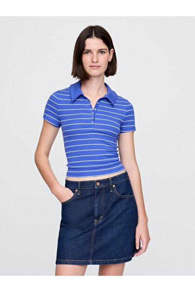 GAP Kadın Koyu Mavi Modern Fitilli Crop Polo T-Shirt