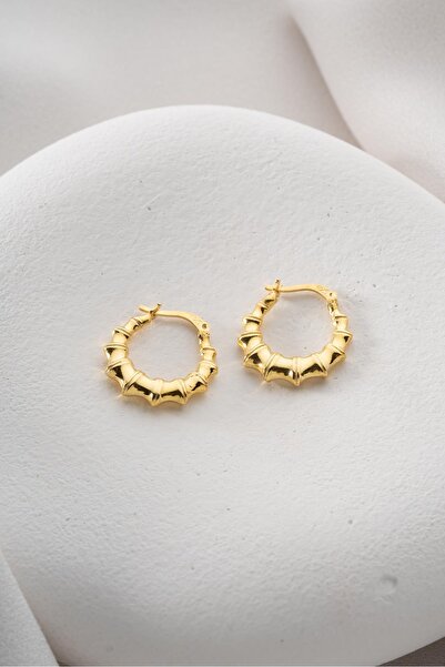 Nereze 925 Ayar Gümüş Gold Rengi Parçalı Çizgili Şarnel Küpe