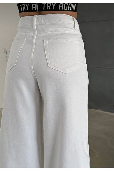 CİHAN PAPEL Women's White Palazzo Jeans 100% Cotton Jeans