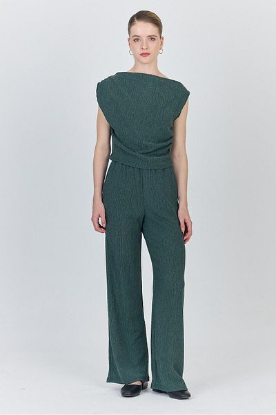 Rays Green Asymmetrical Shoulder Detail Blouse and Wide Leg Pants Set 1491