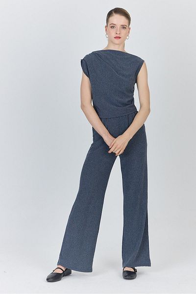 Rays Blue Asymmetric Shoulder Detail Blouse and Wide Leg Pants Set 1491